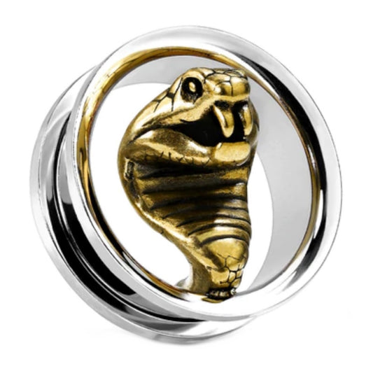 One of a pair of cobra flesh tunnel earrings with a brass cobra in the center of a surgical steel tunnel pictured against a white background.