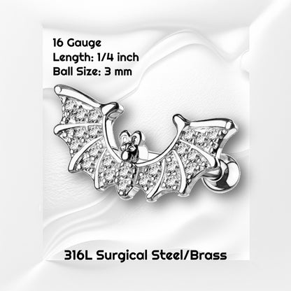 A cubic zirconia bat earring featuring paved cubic zirconia wings pictured against a white wavy background with black text stating the size of this earring.