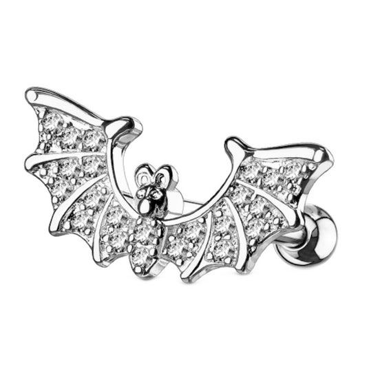 A cubic zirconia bat earring featuring paved cubic zirconia wings pictured against a white background.