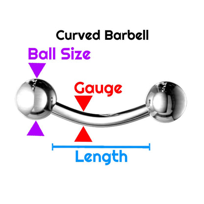 A chart showing the dimensions of measurement for a curved barbell earring.