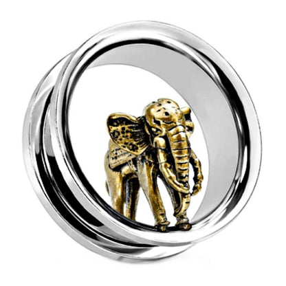 One of a pair of elephant flesh tunnel earrings with a brass elephant in the center of a surgical steel tunnel pictured against a white background.