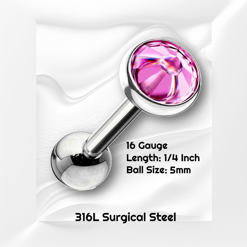 A fuchsia gem cartilage barbell pictured on a white wavy background with black text stating the size available of this cartilage earring.