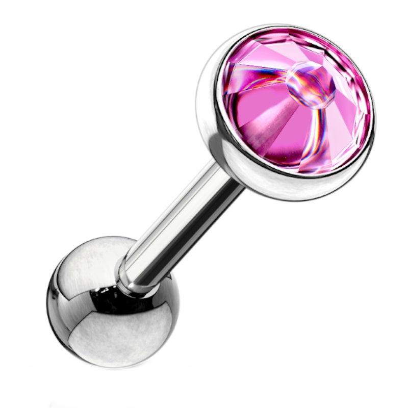 A fuchsia gem cartilage barbell with a flat disk gem on a surgical steel bar pictured against a white background.