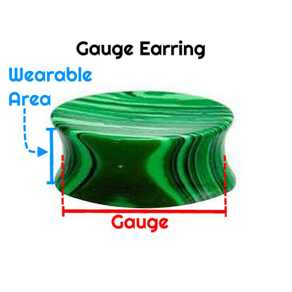 A diagram showing the dimensions of a gauge earring including the wearable area and the gauge of the piece.