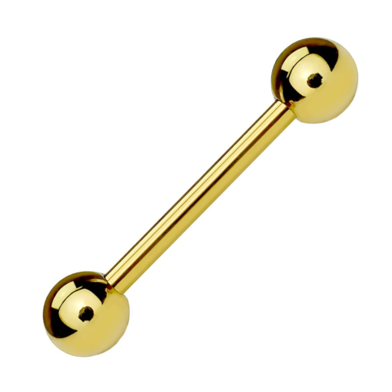 A gold plated barbell earring pictured at an angle against a white background.