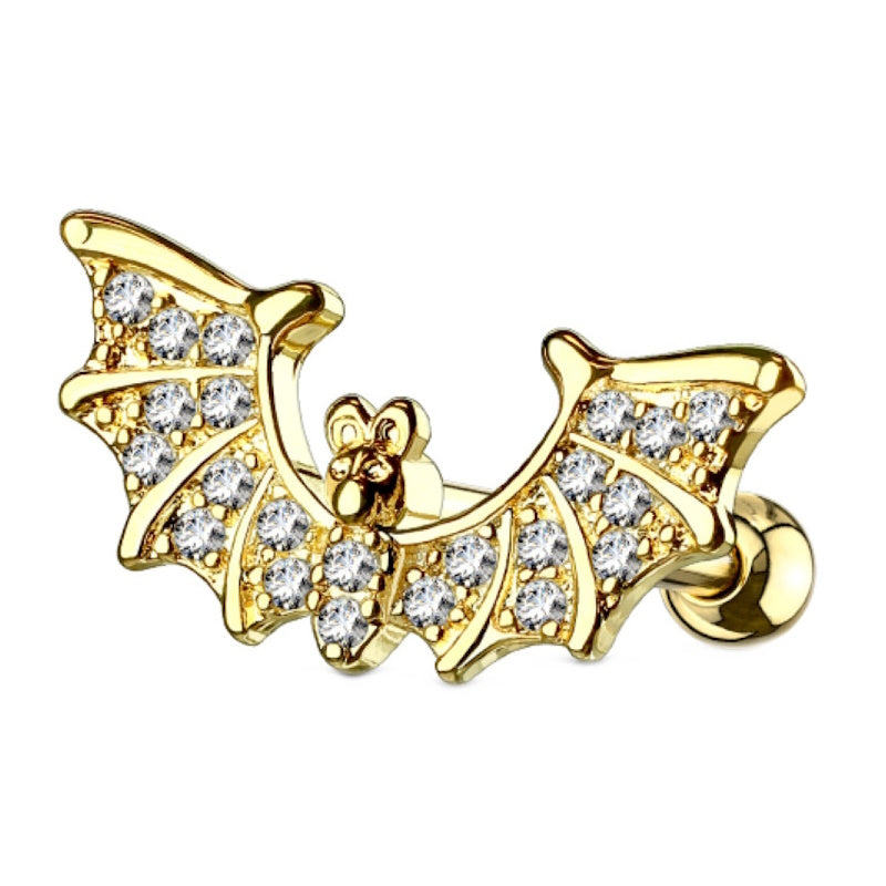 A gold plated bat earring with paved cubic zirconia wings pictured against a white background.