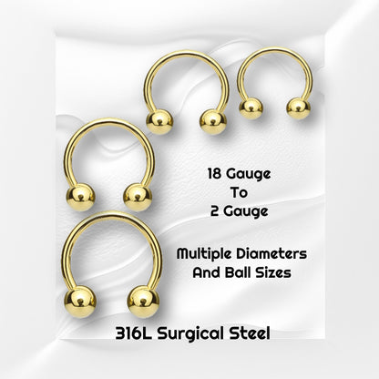 4 gauges of a gold plated circular barbell earring pictured on a white wavy background with black text stating the sizes available of this gold plated earring.