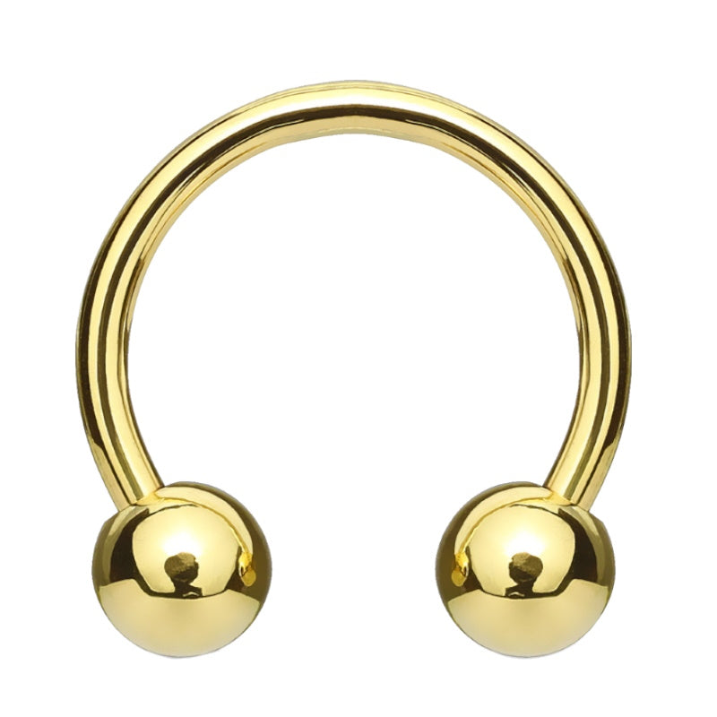 A gold plated circular barbell earring pictured against a white background.