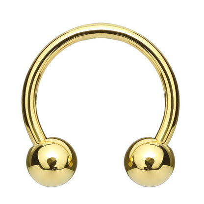 A gold plated circular barbell earring pictured against a white background.