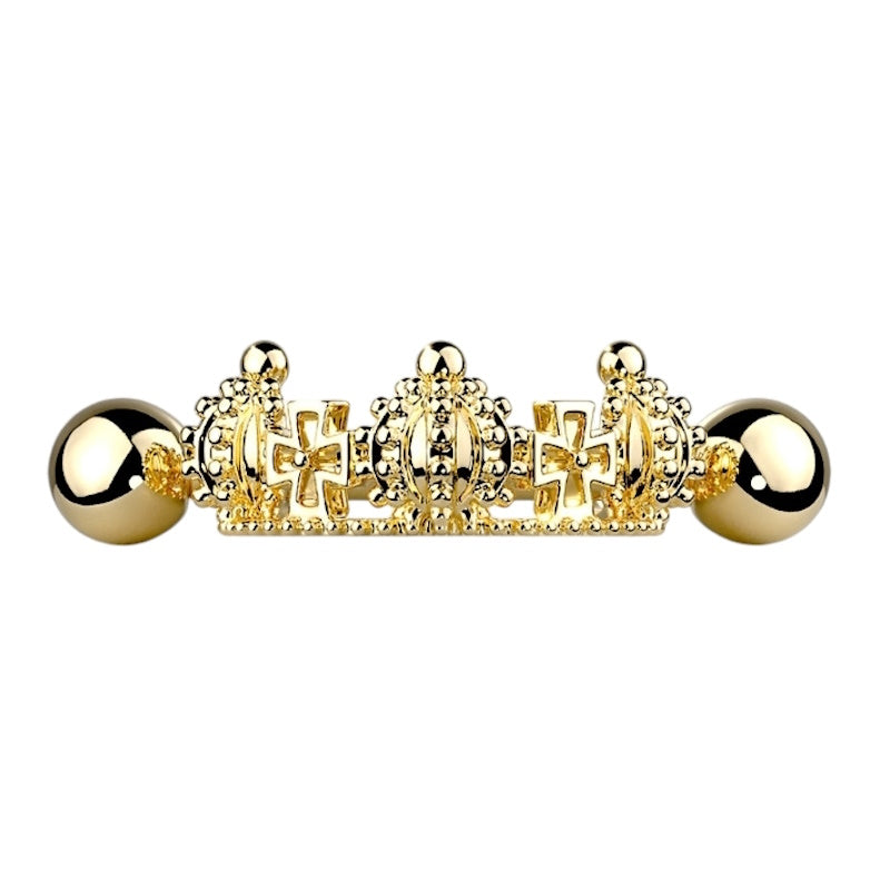 A gold plated crown earring cuff pictured against a white background.