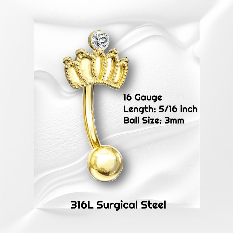 A gold plated crown rook earring pictured against a white wavy background with black text stating the size of this earring.