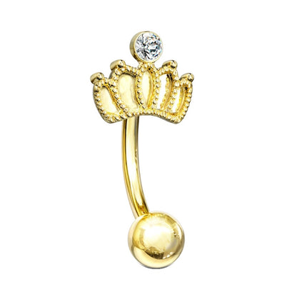 A gold plated crown rook earring pictured against a white background.