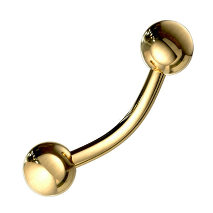 A gold plated curved barbell earring pictured diagonally against a white background.