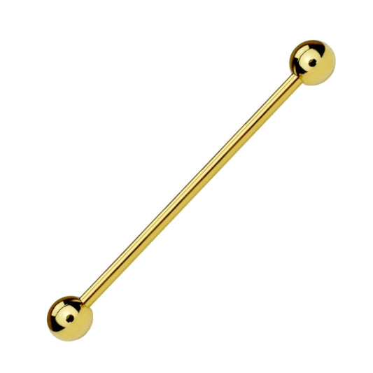 A gold plated industrial earring pictured at an angle against a white background.