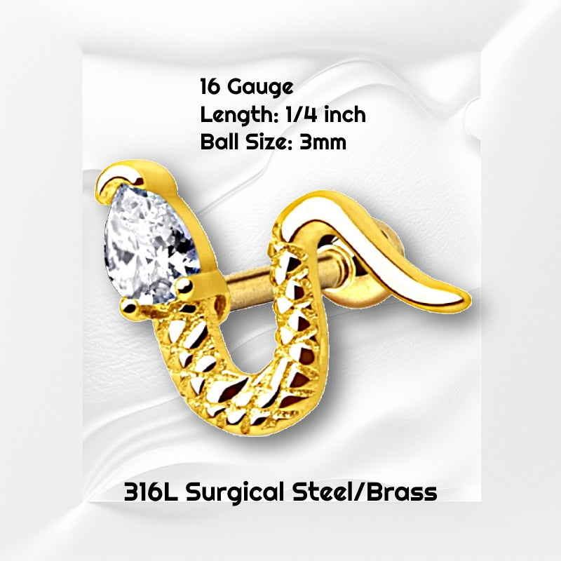 A gold pated snake earring pictured on a white wavy background with black text stating the size available of this cartilage earring.