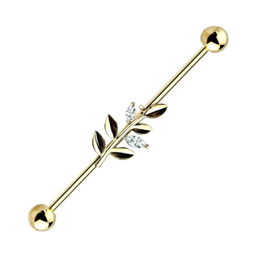 A gold plated vine industrial earring pictured against a white background.