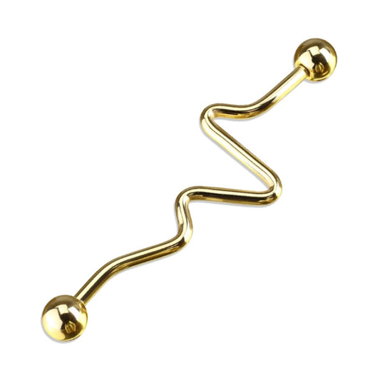 A gold plated zig zag industrial bar pictured against a white background.