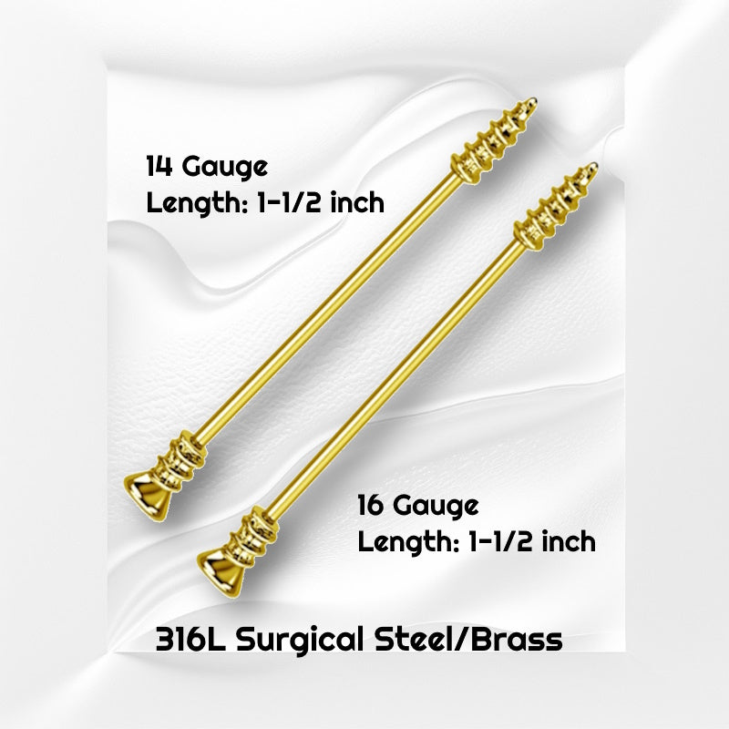 A gold screw industrial piercing bar pictured on a white wavy background with black text stating the sizes available of this industrial barbell.