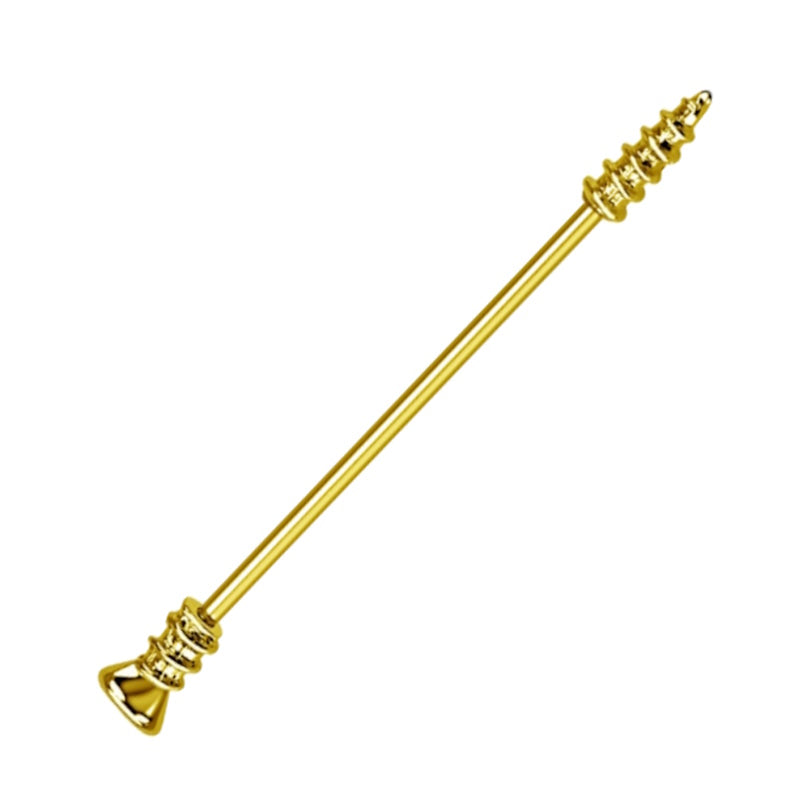 A gold screw industrial piercing bar pictured against a white background.