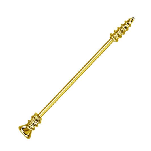 A gold screw industrial piercing bar pictured against a white background.