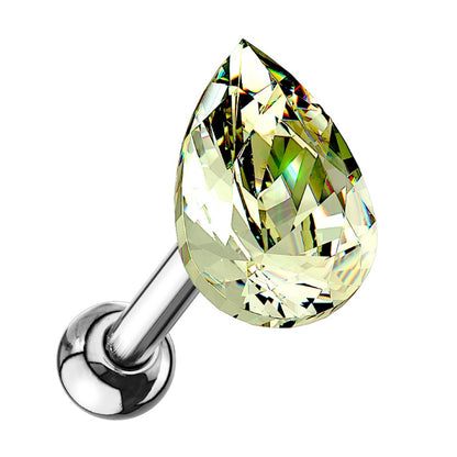 A green crystal teardrop earring pictured against a white background.