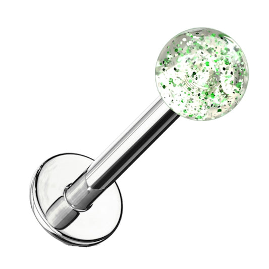 A green glitter labret earring pictured against a white background.