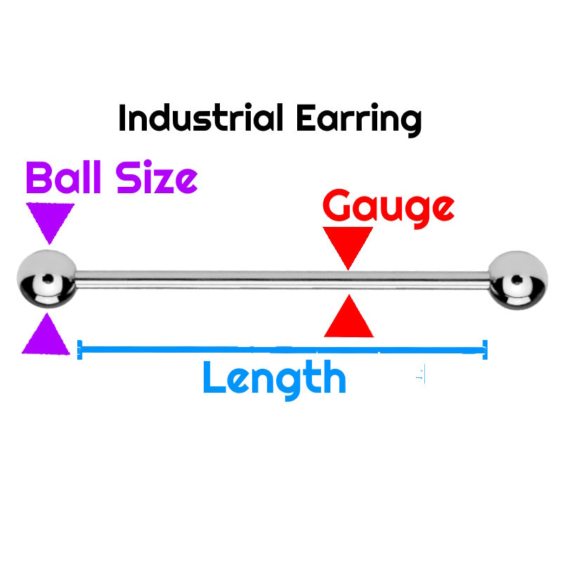 A chart showing the dimensions of measurement for an industrial barbell earring.