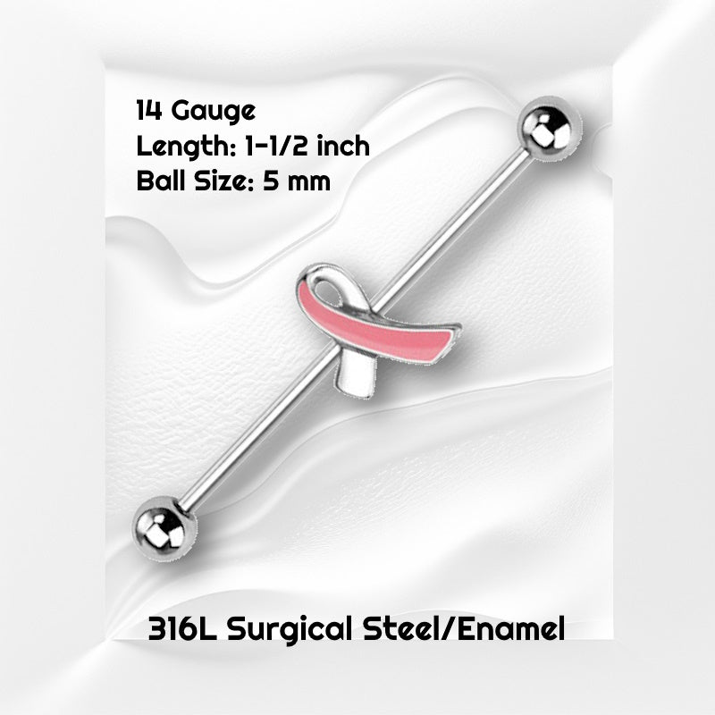 An industrial breast cancer earring pictured on a white wavy background with black text stating the size available of this industrial earring.