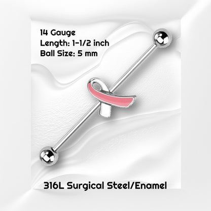 An industrial breast cancer earring pictured on a white wavy background with black text stating the size available of this industrial earring.