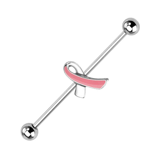 An industrial breast cancer earring pictured against a white background.