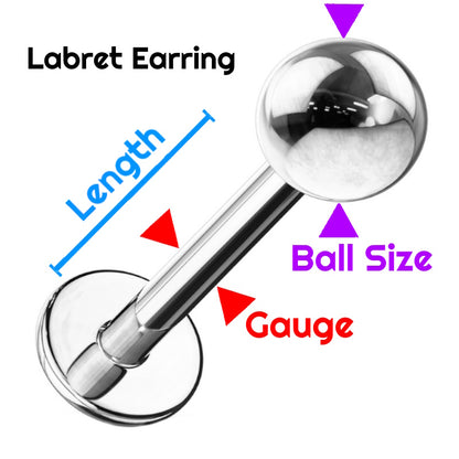 A chart showing the dimensions of measurement for a labret earring.