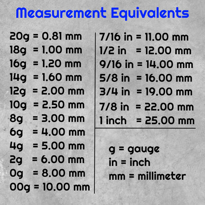 A chart showing the measurements of gauge, millimeters, and inches of earrings and gauges.