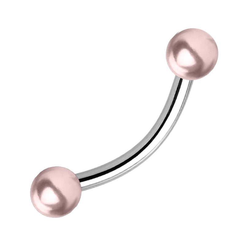 A pink balls curved barbell earring pictured against a white background.