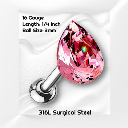 A pink crystal teardrop earring pictured against a white wavy background with black text stating the size available of this cartilage earring.