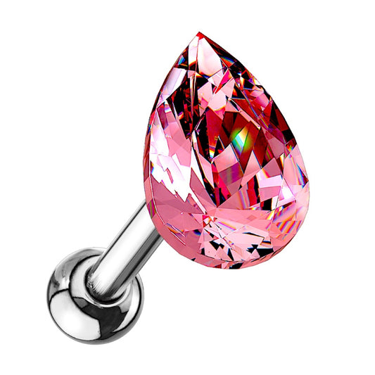 A pink crystal teardrop earring pictured against a white background.