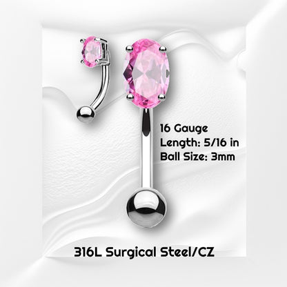 A pink cubic zirconia rook piercing earring pictured on a white wavy background with black text stating the sizes of this earring.