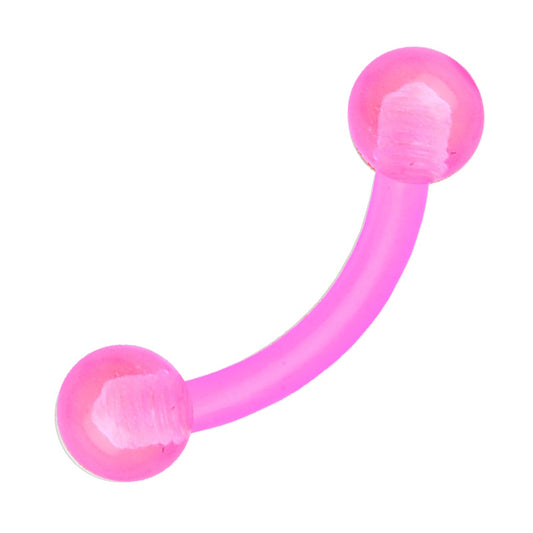 A pink curved barbell earring featuring an externally threaded curved bar with a ball on each end pictured against a white background.