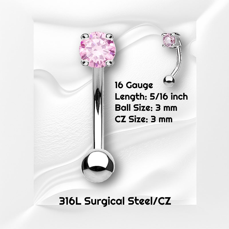 A pink CZ rook piercing barbell pictured against a white wavy background with black text stating the size of this earring.