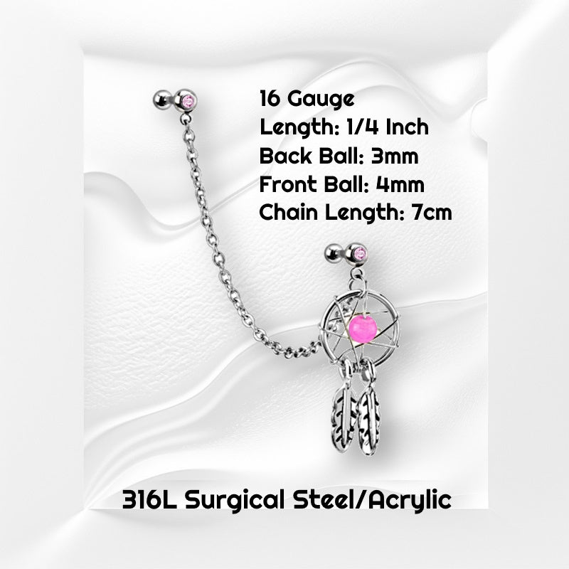 A pink gem dream catcher earring with pink gems, a bead, two cartilage barbells, a chain, and a dream catcher pictured against white wavy background with black text stating the size available of this cartilage earring.