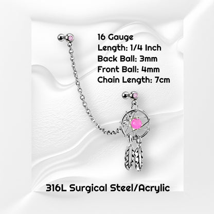 A pink gem dream catcher earring with pink gems, a bead, two cartilage barbells, a chain, and a dream catcher pictured against white wavy background with black text stating the size available of this cartilage earring.