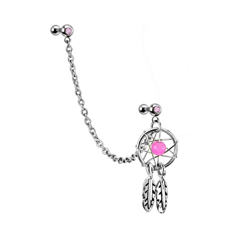 A pink gem dream catcher earring with pink gems, a bead, two cartilage barbells, a chain, and a dream catcher pictured against a white background.