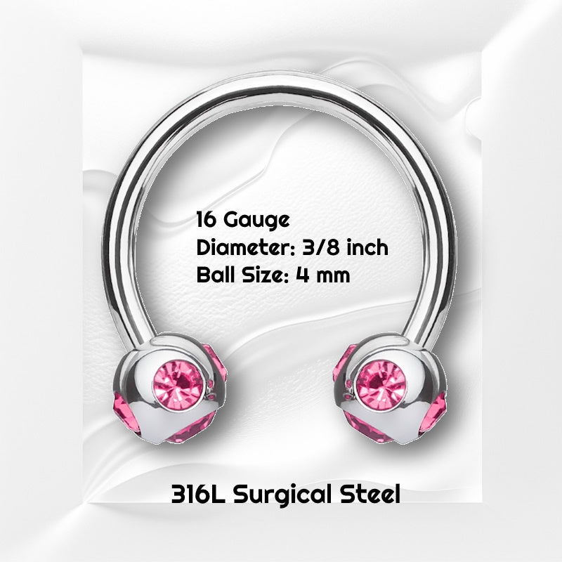 A pink gem horseshoe earring featuring 5 pink gams in each ball pictured against white wavy background with black text stating the size available of this circular barbell earring.