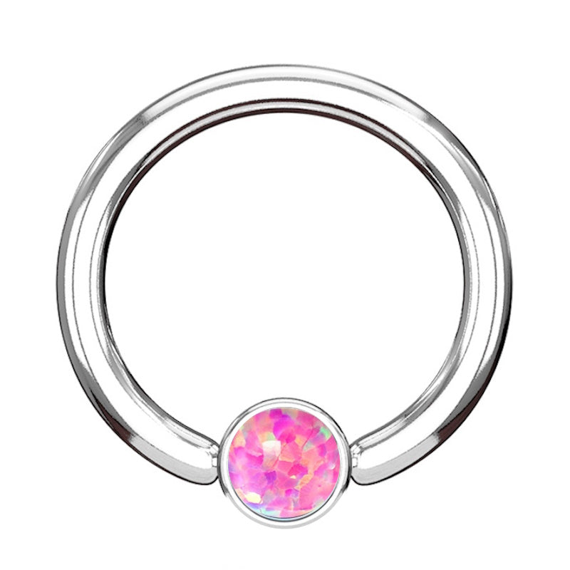 A pink opal captive bead earring pictured against a white background.