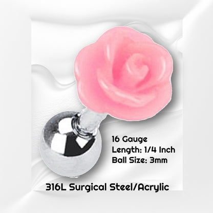 A pink rose cartilage earring pictured on a white wavy background with black text stating the size available of this cartilage earring.