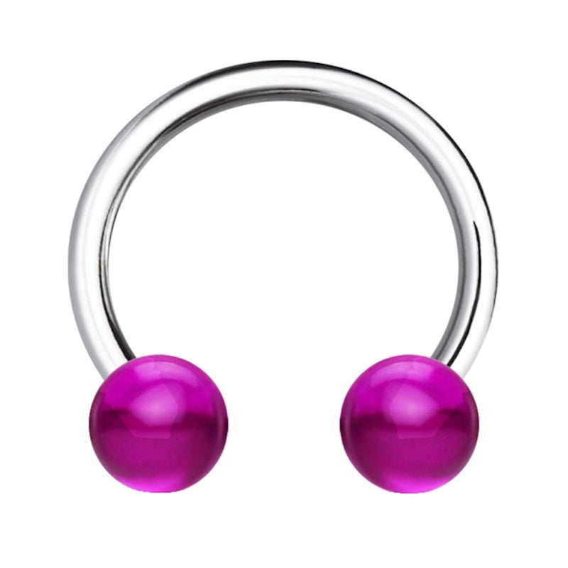 A purple balls 16 gauge earring pictured against a white background.