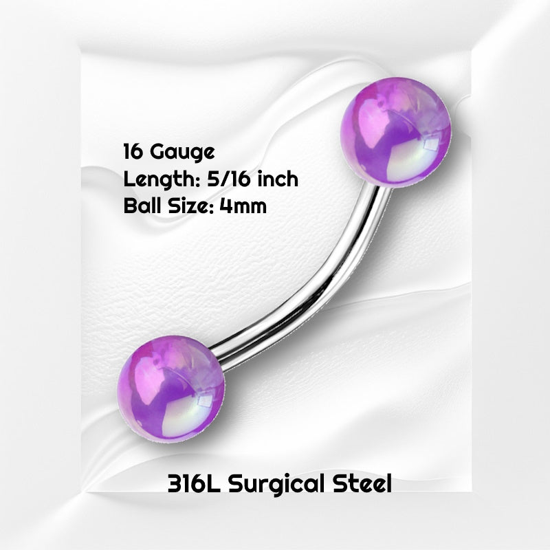 A purple balls curved barbell earring pictured against a white wavy background with black text stating the size of this earring.