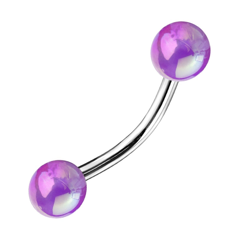 A purple balls curved barbell earring pictured against a white background.