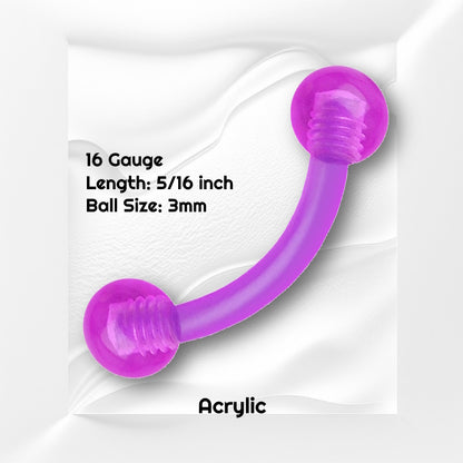 A purple curved barbell earring pictured on a white wavy background with black text stating the size of this earring.