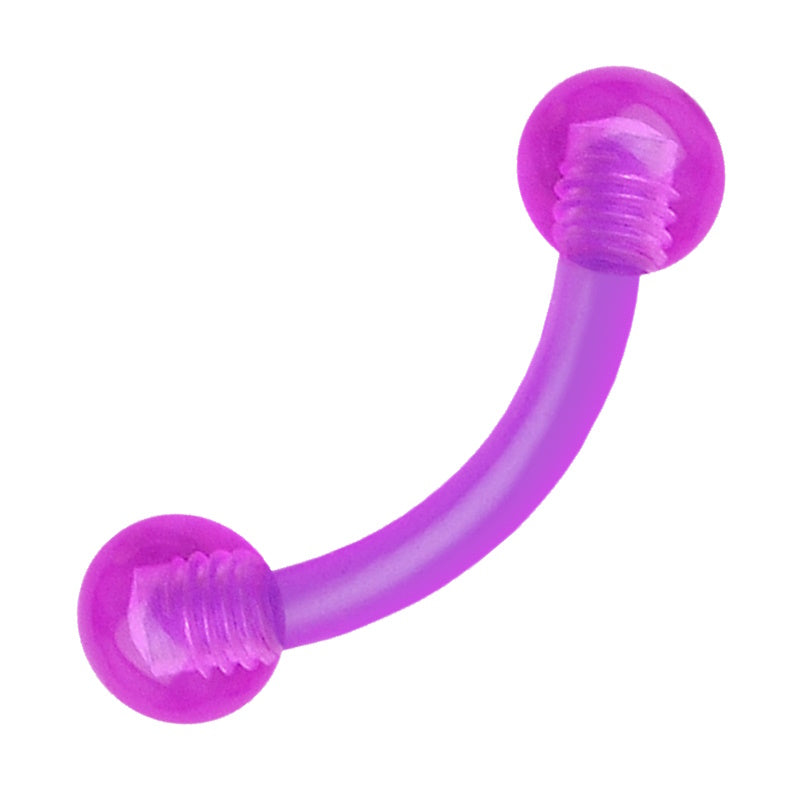 A purple curved barbell earring featuring an externally threaded curved bar with a ball on each end pictured against a white background.