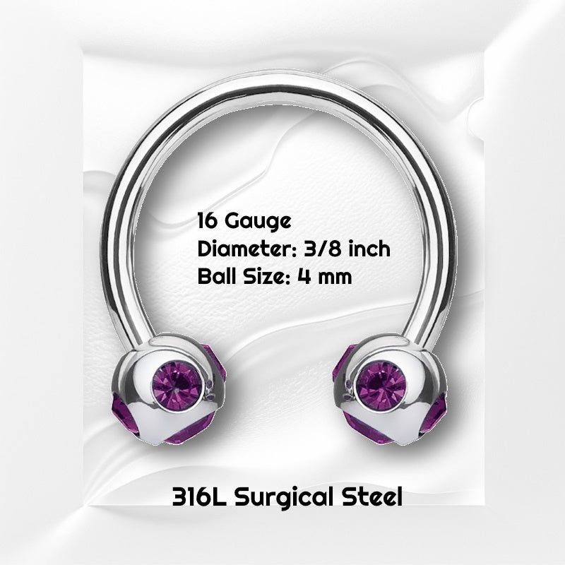 
A purple gem horseshoe earring featuring 5 purple gams in each ball pictured against white wavy background with black text stating the size available of this circular barbell earring.